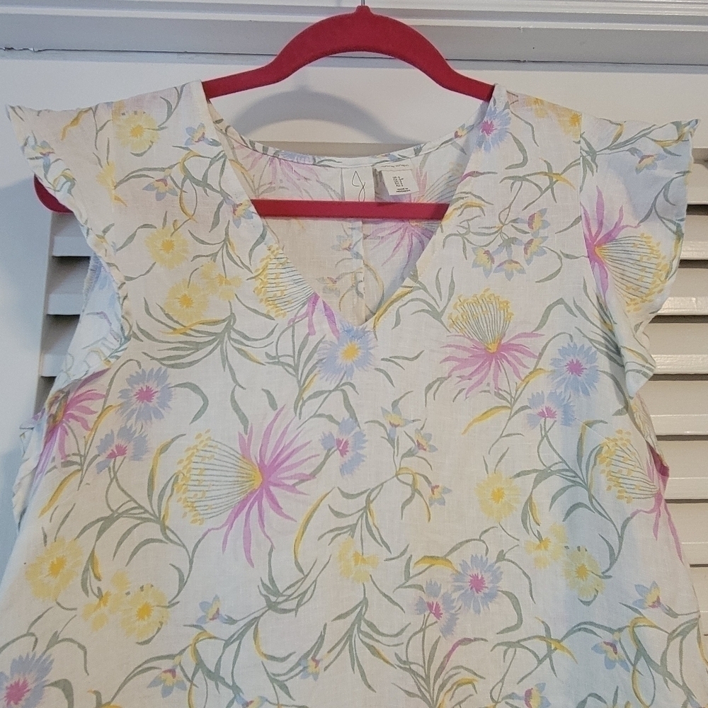 Joie Floral 100% linen Ruffle cap sleeve dress. - Picture 2 of 12